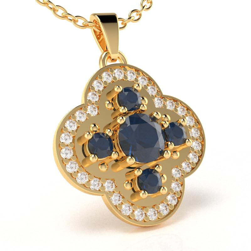 Gems Of ZodiacShamrock Clover Flower Leaf Lab-Created Sapphire Diamond Pendant In 14k Yellow Gold