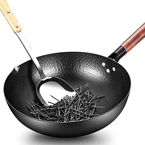 Wok para estufa de gas y cocina de inducción, sartén antiadherente sin revestimiento con tapa de madera, 32 cm, universal para una experiencia de cocina auténtica