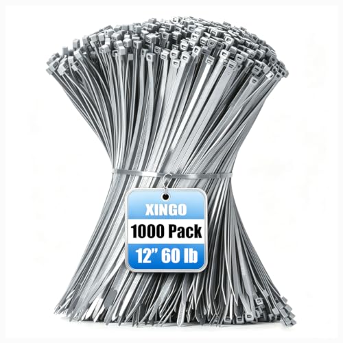 Image of XINGO 1000 PCS Silver Zip Ties 12 Inch, 60 LBS Tensile Strength, Self-Locking Nylon Plastic Nylon PA66 Wire Ties for Indoor and Outdoor Use