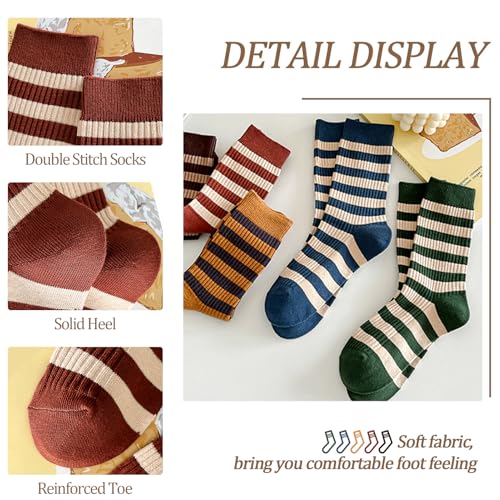 Image of 5 Pairs Vintage Style Colorful Striped Socks for Women, Cute Athletic Crew Socks