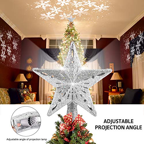 BLOOMWIN Christmas Tree Topper Lighted with Snowflake Projector, LED Rotating Hollow Snowflake, 3D Glitter Lighted Silver Snow Tree Topper for Xmas Tree Festival Decorations Lights - image 2