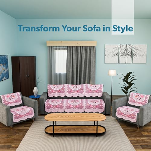Image of Kuber Industries (Set of 10) Stylish & Durable Cotton Sofa Covers 5 Seater | Aesthetic Sofa Protector /Mat & Slipcover for Hall, Living Room & Office | Flower Design - White & Pink