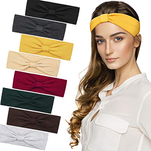 8 Pieces Turban Headband for Women Cotton Headband Yoga Sports Head Wrap Knotted Hairband Wide Stretchy Moisture Wicking Sweatband for Workout Running Yoga