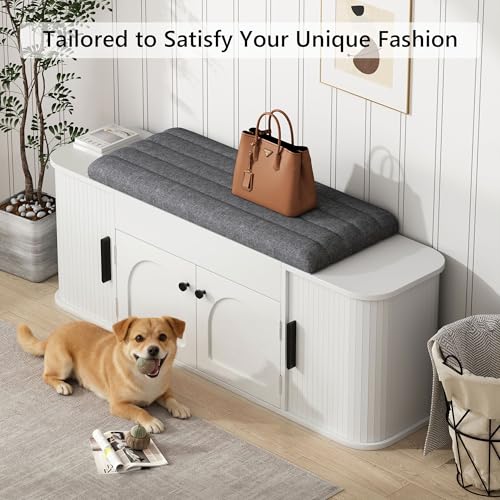 Image of Einhomn 47.2'' Sliding Door Entryway Shoe Storage Bench with Seat Cushion, Shoe Rack with Lift-Top Hidden Storage & Adjustable Shelf, Bench for Bedroom End of Bed, White