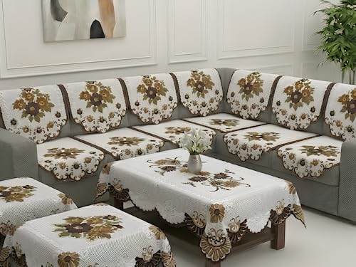 Image of Fab Nation Sofa Cover L Shape 6 Seater with Corner L Type Fully Covered Sofa Set for Living Room | Cotton Sofa Slipcovers for 3 + 3 Seaters Cover + 2 Setty Covers + 1 Table Cover Set | Brown