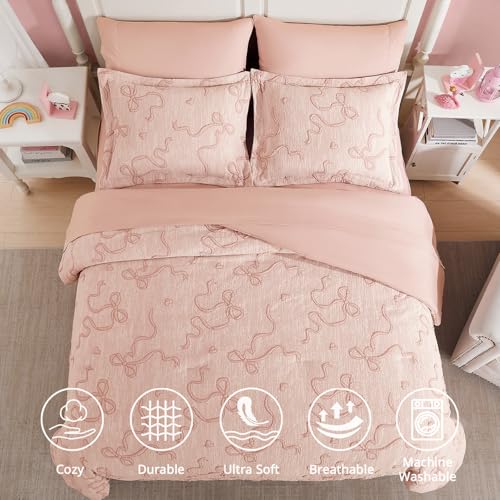 Image of Twin Girls Bedding Set - 5 Pieces Bow Comforter Set Jacquard Bed in a Bag