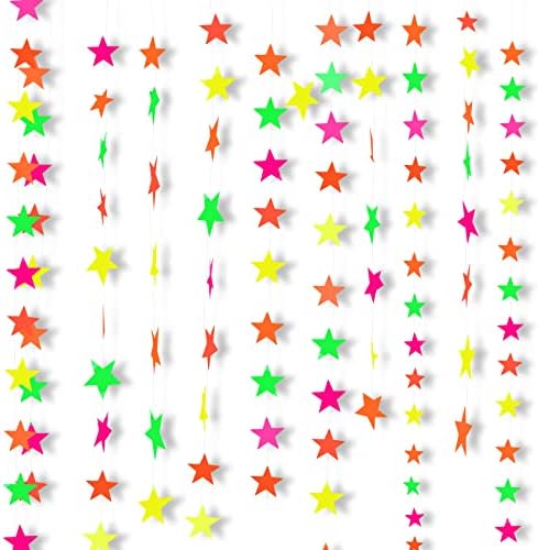 108ft Neon Glow Party Star Paper Garland UV Glow in The Dark Party Supplies Garlands Neon Party Paper Streamers for Blacklight Fluorescent Party Supplies for Birthday Wedding Party Decorations