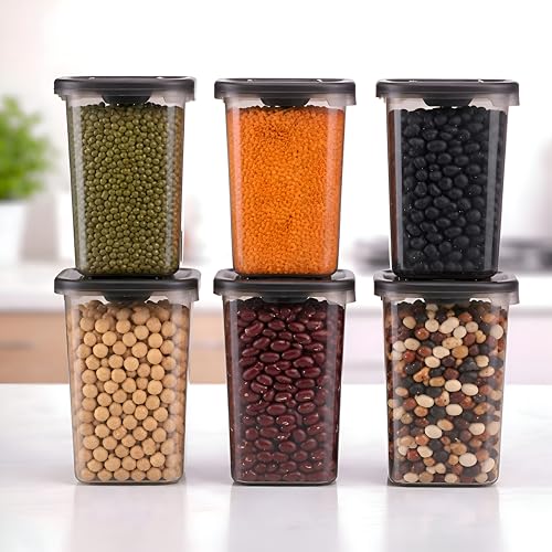 Image of HomeWiz Airtight Kitchen Storage Box 1100ml Pack of 6 with Spoon | Food Grade BPA-Free Kitchen Jars | Storage & Containers Set | Container Set for Pulses | Unbreakable Plastic Container Set|Multi-Use