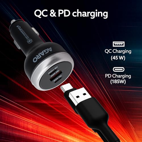 Image of AGARO Flash Car Charger, 230W, 3 Ports Fast Car Charger, Dual Type-C PD 140W + 45W, USB-A Post 45W, Supports Super-Fast Charging, for Smartphones, iPhones, Tablets, Earbuds & More - Black