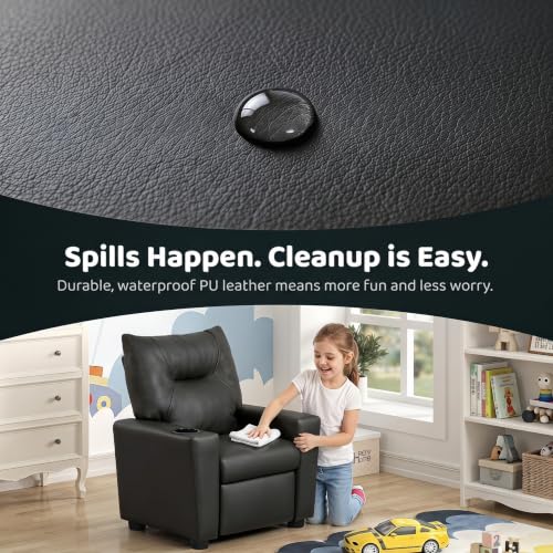Image of 23 inch PU Leather Recliner Chair with Cup Holder and Recline, Black