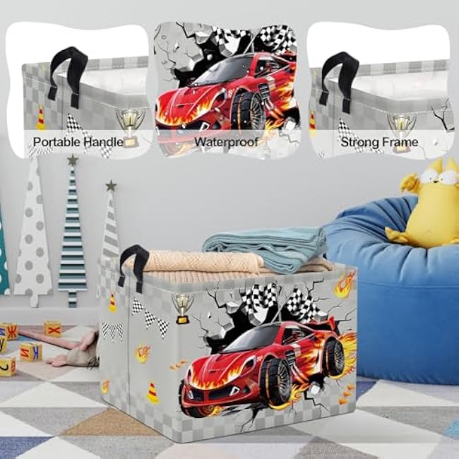 Clastyle Sport 3D Racing Car Boy Room Basket Racing Flag Monster Truck Toy Book Shelf Basket Large Rectangle Collapsible Dirty Clothes Storage Bin, Grey, 40 * 30 * 30 cm