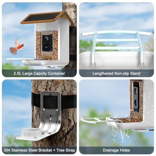 Smart Bird Feeder Camera, Free AI Forever, 32G TF Card & 1080P HD Camera Auto Capture Bird Videos & Solar Panel, App Notify When Birds Detected, Bird House with Built-in Two-Way Microphone