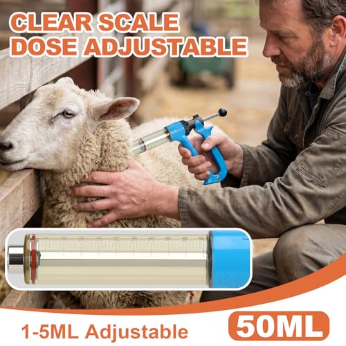 Image of 50ml Semi-Auto Repeating Livestock Syringe Gun, 5 Dose Settings | Ergonomic Grip, Clear Barrel & Luer Lock, Vet Injector for Cattle, Horses, Goats, Sheep & Pigs