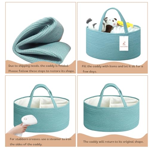 Image of luxury little Diaper Caddy Organizer, Large Cotton Rope Nursery Baby Basket, Changing Table Organizer for Baby Diaper Storage, Portable Car Organizer Removable Divider (Lake Blue, Extra Large)