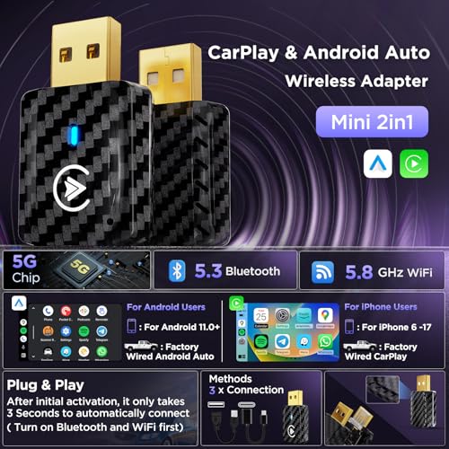 2in1 Carplay Wireless Adapter Android Auto Wireless Adapter, Mini USB Small Dongle Fast Auto Connect, Car Play Play Plug, for Apple iPhone iOS & Android 11+, OEM Wired Car Model 2017+, Black