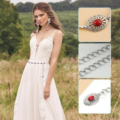 Image of FIORETTO Western Waist Chain Belt Metal Concho Belt for Women Cowgirl Cowboy Boho Country Belt for Dress Jean
