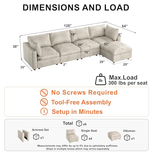 Image of 128'' Faux Leather Modular Sectional Sofa with Storage, Oversized Mid Century Modern Leather Sectional Couche for Living Room, 4 Seater Deep Seat Couch with Storage Ottoman, L-Shaped, Beige