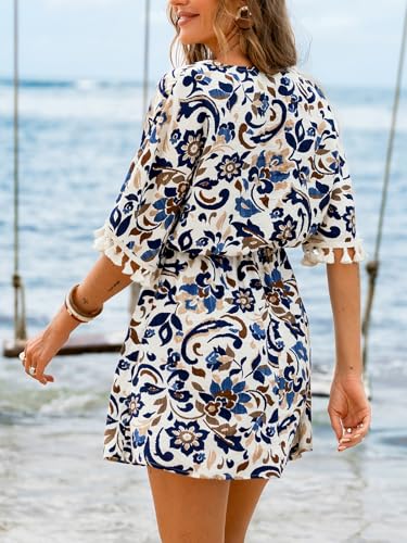 Image of CUPSHE Women Tassel Trim Summer Dress V Neck Lace Short Sleeve Paisley Boho Casual Sundress Holiday Beach Mini Dress