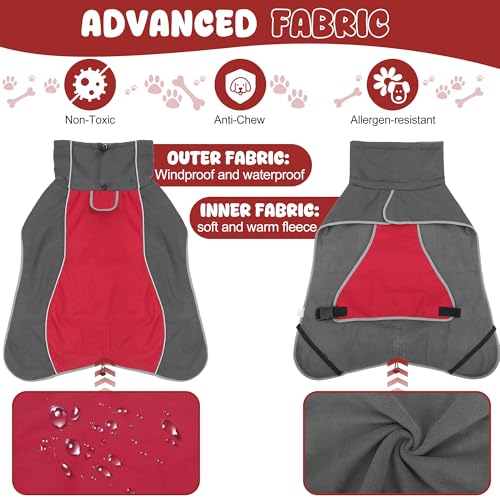 HezzLuv Dog Raincoat, Waterproof Dog Coat with Reflective Straps, Leash Hole & Polar Fleece Lining, Winter Snow Rain Coat for Small, Medium & Large Dogs, Warm, Windproof Vest Jackets