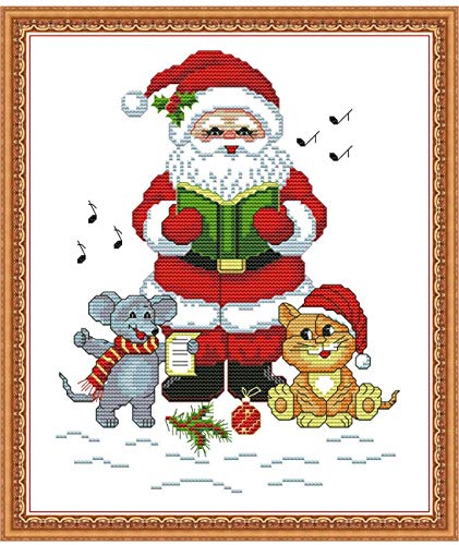 Cross Stitch Stamped Kits 11CT 12X14 inch Holiday Gift Pre-Printed Cross-Stitching Starter Patterns for Beginner Kids or Adults, Embroidery Needlepoint Kits Santa Claus Cat and Mouse