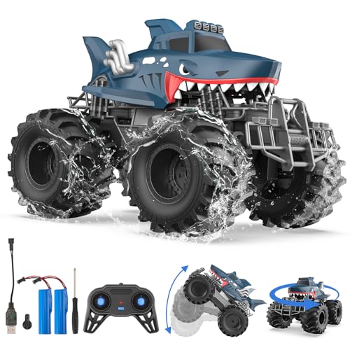 Yapasopu Control Remoto Car de Juguete de 2.4 GHz Camión de tiburón 15 km/h Hobby Off-RC RC Auto Impermeable Car vehículo con 2 baterías Juguete para niños de 6-12 (SUV Shark)