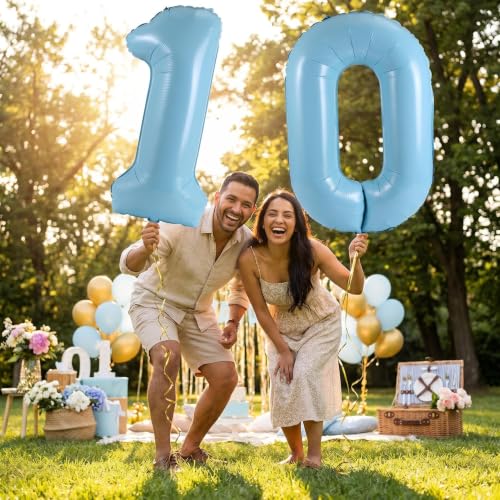 Image of Number 10 Balloon Foil Mylar Balloons for Birthday Party Decoration (Sky Blue, 40 Inch)