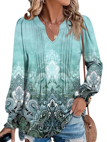 BETTE BOUTIK Long Sleeve Shirts for Women Fall Tops Dressy Blouses Pleated V Neck Tunic Tops for Leggings S-3XL