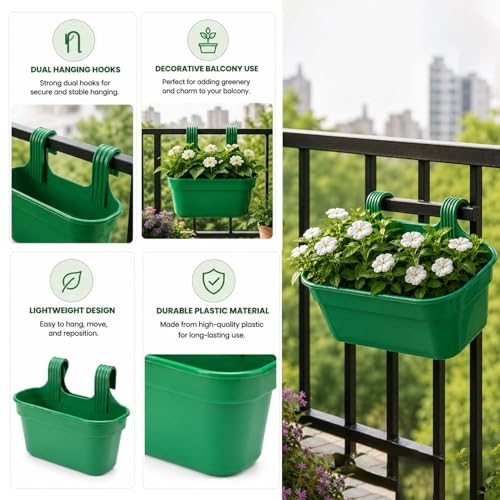 Image of Go Hooked 12 Inch Plastic Railing Hanging Planter Pot Set of 5 | Rectangular Flower Pots with Double Hook for Garden Fence Balcony Indoor Outdoor Home Decor | Durable Plant Container (Green)