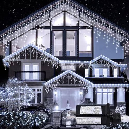 Image of MIRADH Icicle Diwali Lights Outdoor, 10ft 96 LED with 16 Drops Icicle Lights, Plug in Lights with 8 Modes Waterproof for Decoartion Light for Diwali, Christmas, Birthday, Ganesh Puja (White)