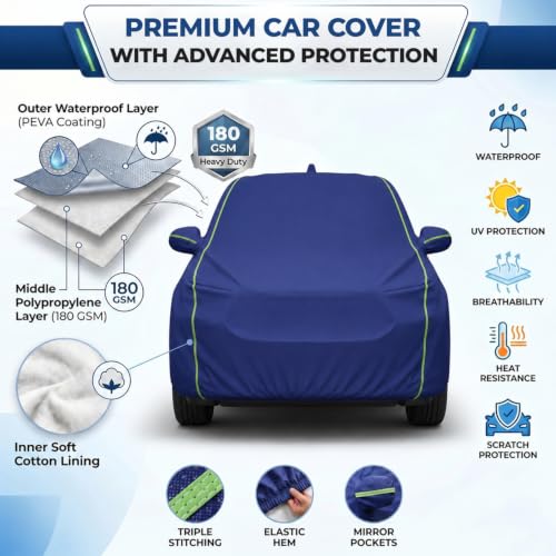 Image of Pivalo Premium Car Cover for Maruti Brezza 100% Waterproof All Weather Protection Dustproof 3 Layer PP & Soft Cotton Inner Lining Fabric Tripple Stitched Secure Fit Full Body Cover (Tiebond Blue)