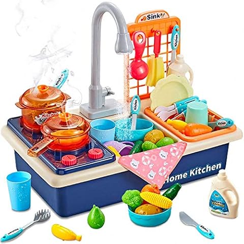 Yangers kids kitchen sink toy set with running water, 28pcs wash up pretend role playset cooking pots and pans food plastic mini accessory for boys girls gift Cover