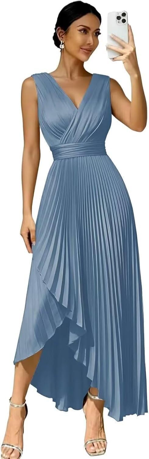 Pleated Satin Bridesmaid Dresses Midi Long Formal Wedding Guest Dress for Women 2026