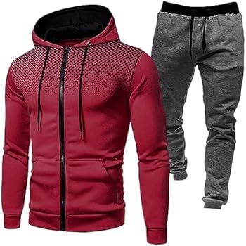 Generisch Joggingpak voor heren, trainingspak, sportpak, vrijetijdspak, set heren, wintersport, plus fleece polkaprint, ritssluiting, hoodie, capuchontrui, broekpak, rood, 3XL