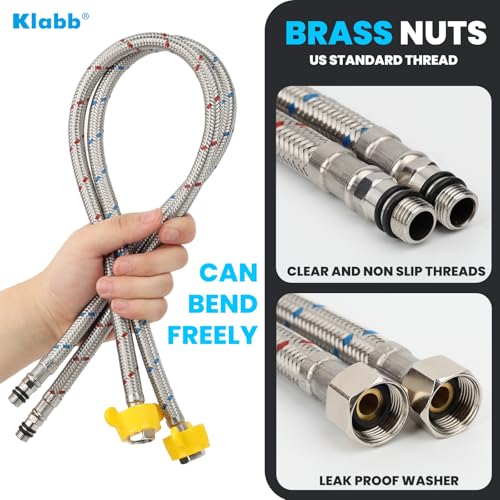Image of Klabb 32-Inch Stainless Steel Braided Faucet Supply Line, 3 /8 inch Compression x M10 Faucet Connector, Includes 1 /2 inch FIP Adapters, SS304 Flexible Water Hose for Bathroom & Kitchen Sink Faucets