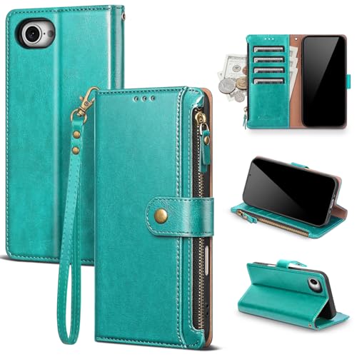 Scutumate Compatible with iPhone 17e / 16e Wallet Case with Card Holder RFID Blocking Zipper Poket PU Leather Flip Phone Case with Wrist Strap Credit Card Slots Men Women,Blue Green by Scutumate - Used condition - US$12.62