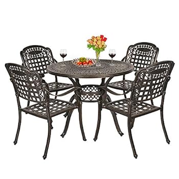 Alternative view of LEISU 5 Piece Outdoor Cast Aluminum Dining, Conversation Furniture Set for Patio Deck Garden with 4 Chairs and Round Table, Umbrella Hole, Flora and Lattice Design, Black
