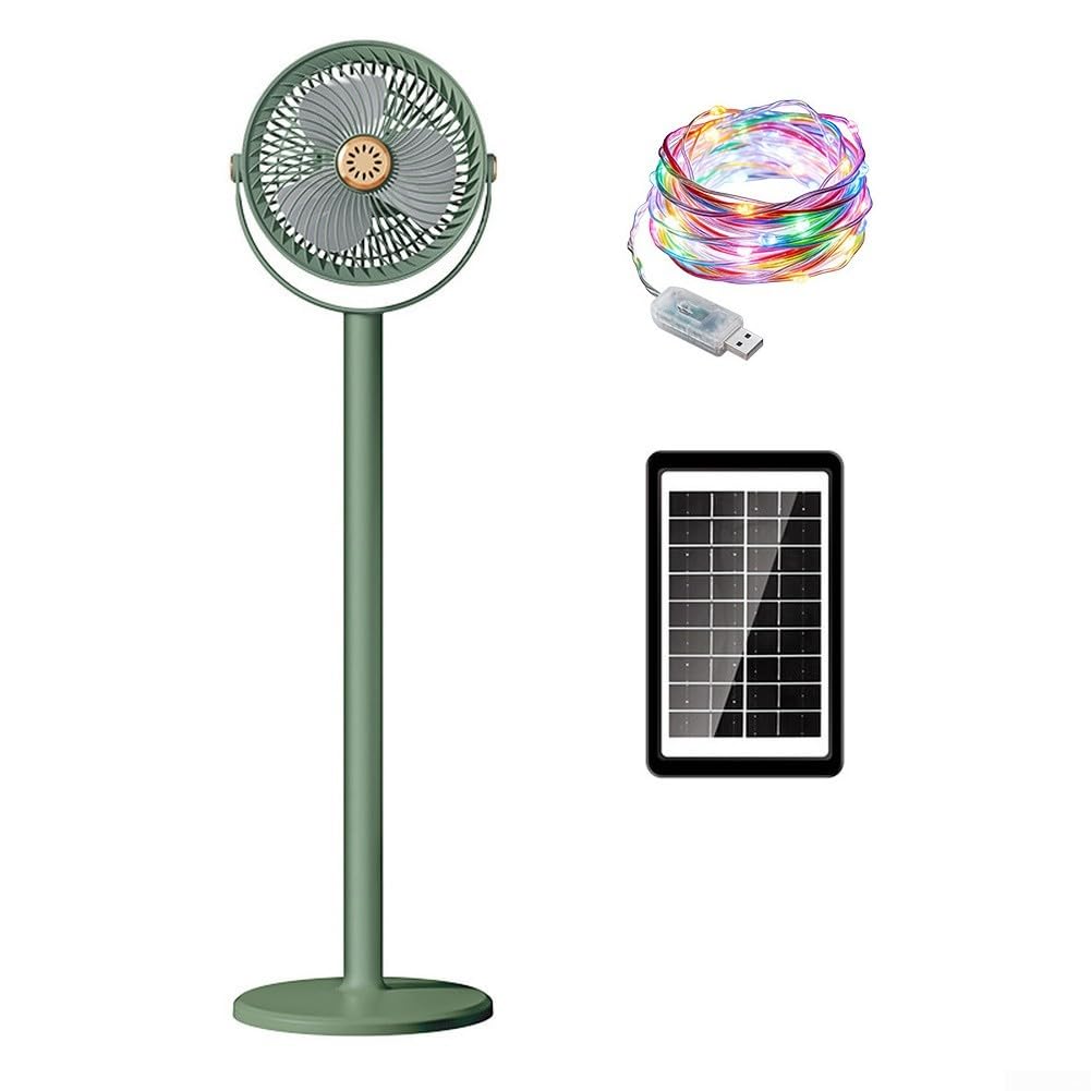 Yelvera Portable Solar Standing Fan: Rechargeable, 5-Speed, Compact & RGB LED Lights, Fan for Bedroom Cruise Camping Travel Hospital (Green)
