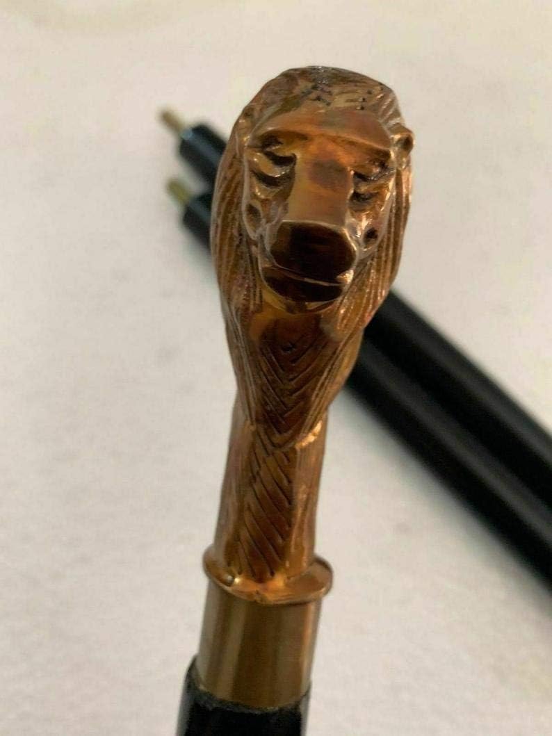 Brass Solid Lion Handle Handmade Style Wooden Walking Stick Cane