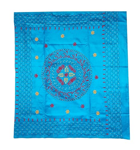 Image of SHRISTI CLOTHINGS Women's Hand Embroidered Cotton Silk Kantha Stitch Saree with Blouse Piece (J420924 SKYBLUED1)