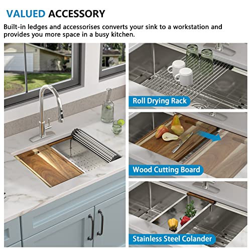 Image of 24 inchx18 inch Undermount Kitchen Sink Workstation - 16 Gauge 304 Stainless Steel, 13 Inch Deep Single Bowl Under Counter Sink Basin for Kitchen, Laundry Room, RV or Utility Use