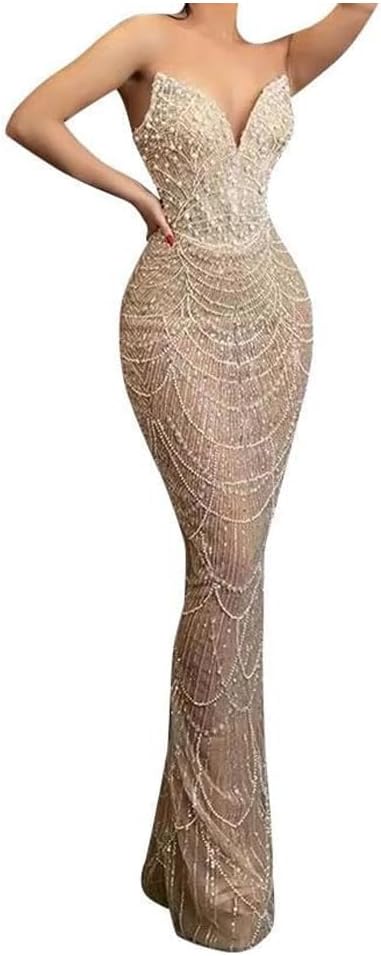 Women's Bead Champagne Mermaid Evening Dress Lace Party Prom Dress Pageant Celebrity Gowns V-Neck Sleeveless