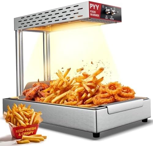 PYY French Fry Warmer - 450W Food Heat Lamp for Chips Commercial Heat Light Free, Food Warmer Countertop, Standing Warming Dump Station Churros Fried Food, Home, Restaurant, Silver