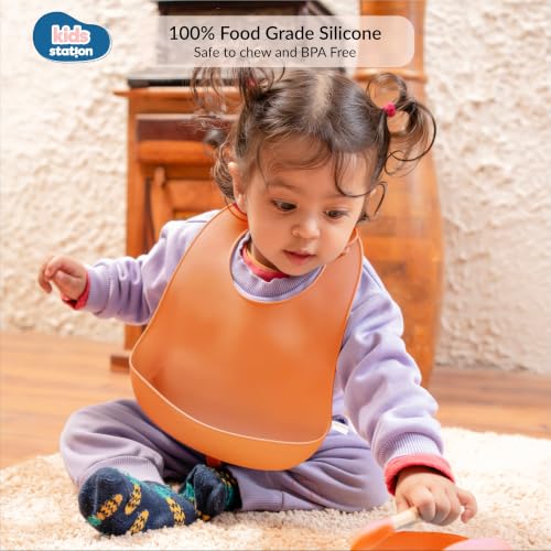 Image of Kids Station Silicone Baby Bib for Feeding & Weaning BPA Free, Soft Adjustable Neckline with Buttons, Washable & Reusable, Ideal for Babies & Toddlers 6 to 36 Months - Orange