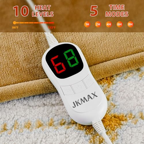 JKMAX Heated Electric Blanket Full Size - 72"x84" Flannel Heating Blanket with 10 Heating Levels & 5 Time Settings Over-Heat Protection, Winter Warmer for Adults with ETL Certification(Ivory)