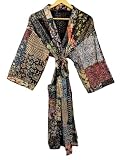 Rajbhoomi Women Kimono Robe Handmade Silk Patola Kantha Quilt Body Warmer Coat Rob Patchwork Overcoa
