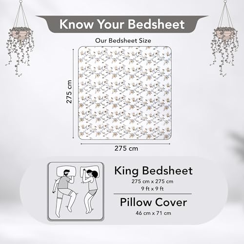 Image of Divine Casa Cotton King Size Bedsheet | 210 TC Soft Breathable Pigment Twill Satin Bed Sheet with 2 Pillow Covers | Luxury Bedding Set | 275 x 275 cm (White & Brown, Floral)