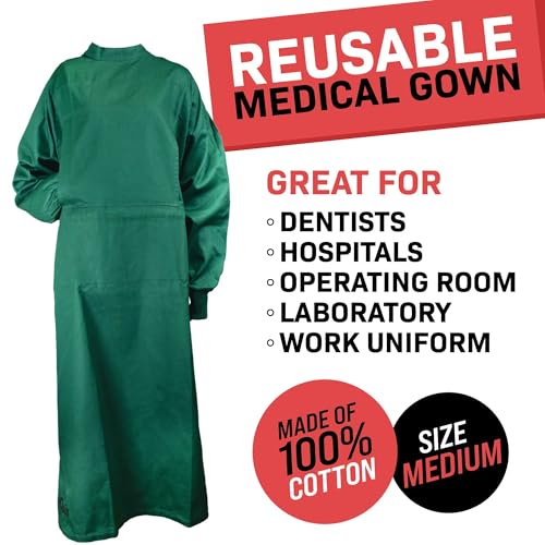 Cloth Procedure Medical Gown, Washable Reusable Gown, Long Sleeve & Elastic Cuff, 100% Cotton, Unisex, Medium
