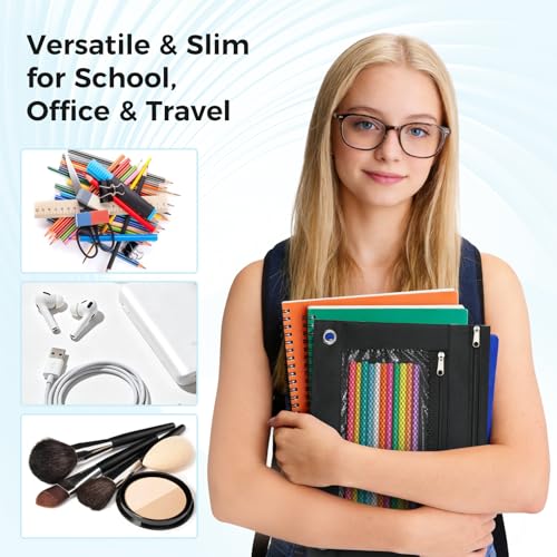 Image of Pencil Pouch for 3 Ring Binder, Pencil Case Bag with Zipper, 600D Fabric Pencil Pouch Holder Accessories, Clear Window Pencil Case Aesthetic Back to School Organizer Pockets for Boy Girl (Black)