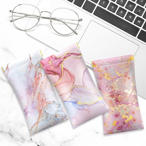 Image of 3 Pack Eyeglasses Pouch, Portable Squeeze Top Leather Sunglasses Pouch Spring Storage Glasses Case, Pink Gold Marble
