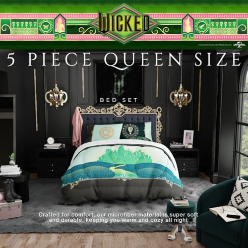 Image of Collectibles Wicked Elphaba and Glinda Bedding 5 Piece Super Soft Reversible Comforter and Sheet Set, Queen, (Officially Licensed Product) By Franco